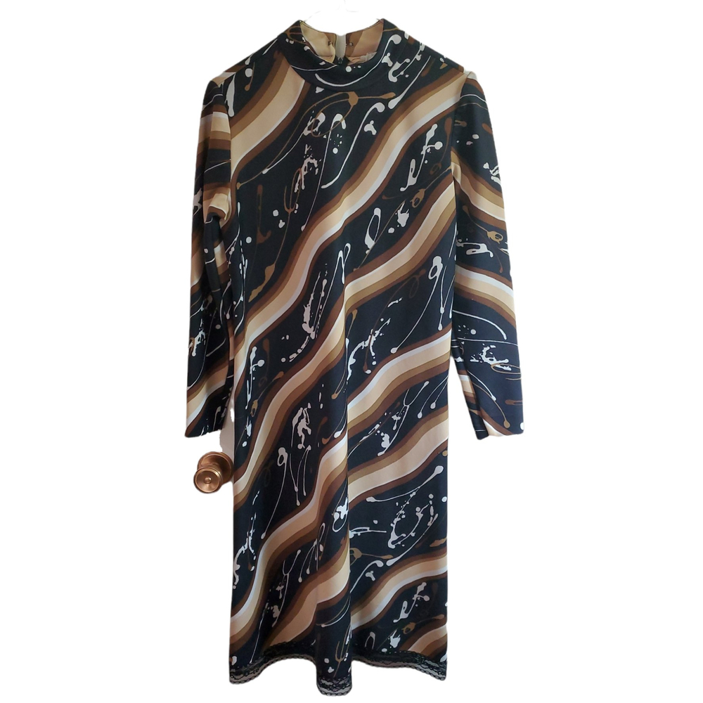 1960s/70s Leslie Fay Vintage Polyester Zip Back, Long Sleeve Dress, Tan/Brn/Blk